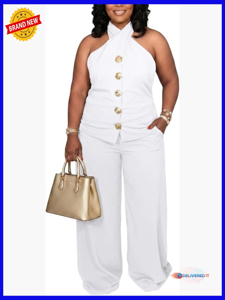 Plus Size Two Piece Outfit Halter Top Wide Leg Pants Set